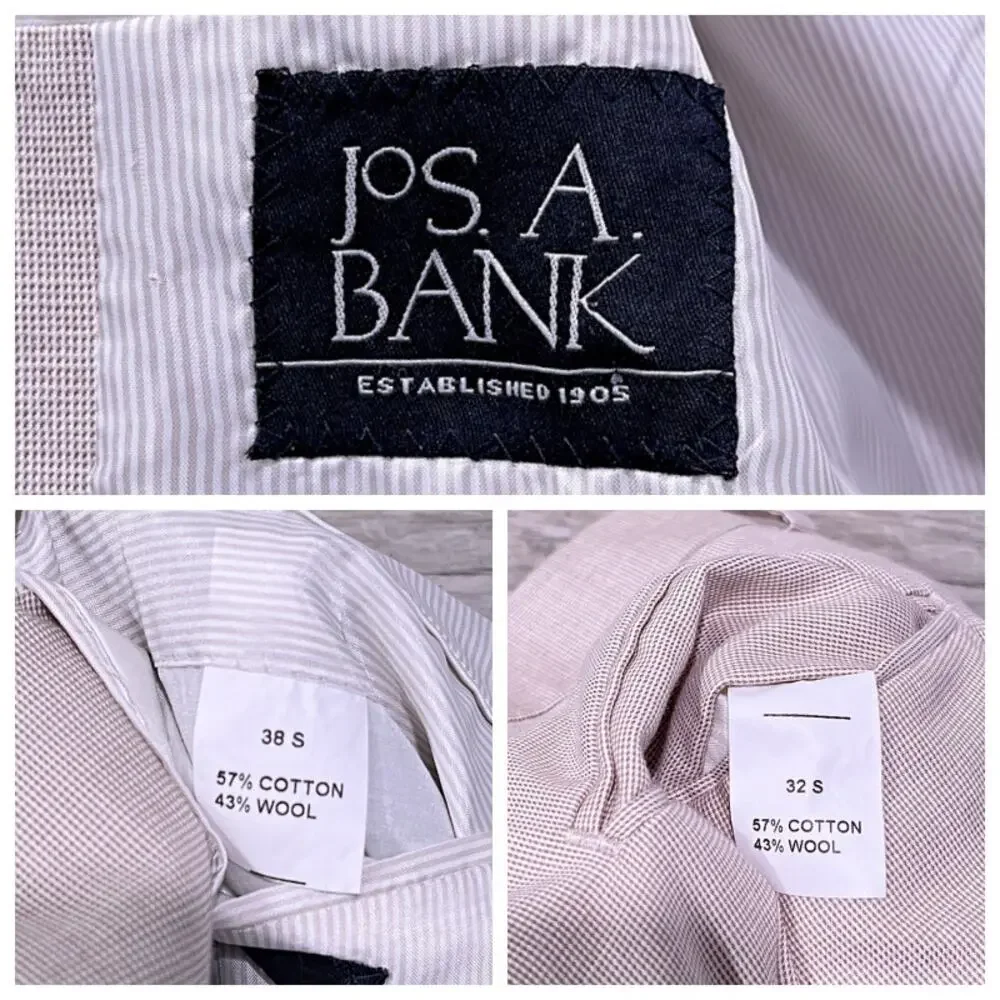 Jos A Bank Cotton Wool Blend Summer Suit Beige Mens 38S 32W Pleated Pants